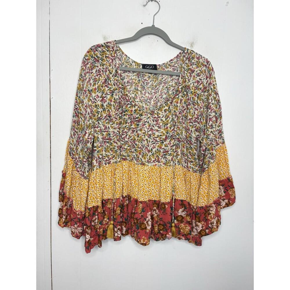 Gigi O Top Womens Small Tiered Colorful Bell Sleeve Hippie Boho Peasant Tassels